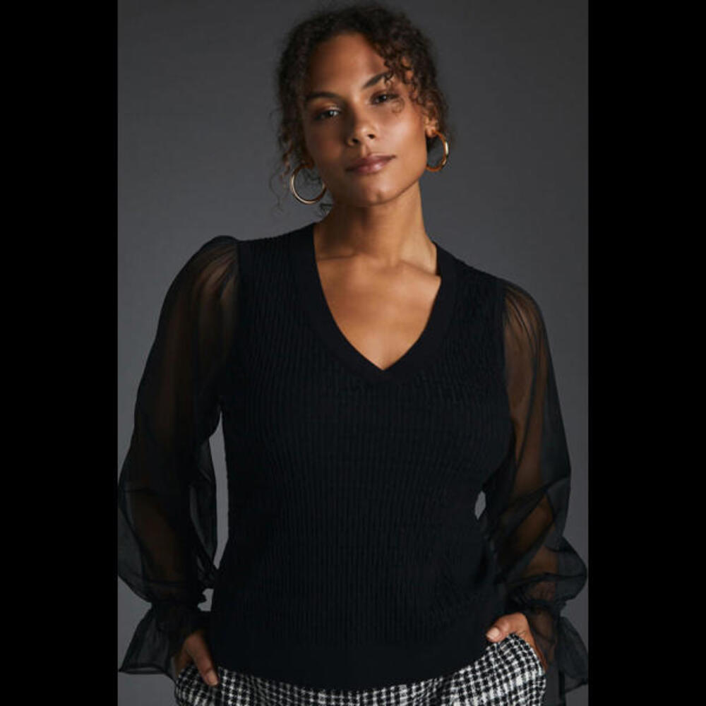 Maeve Black V-Neck Sweater Top with Sheer Puff Sleeves